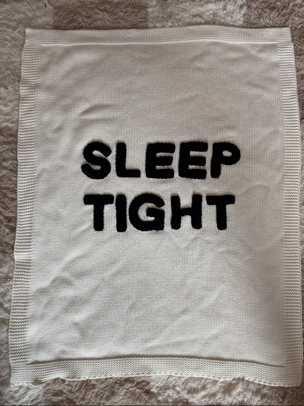 Pottery Barn Baby/Kids Cream Blanket with Black "SLEEP TIGHT" Text